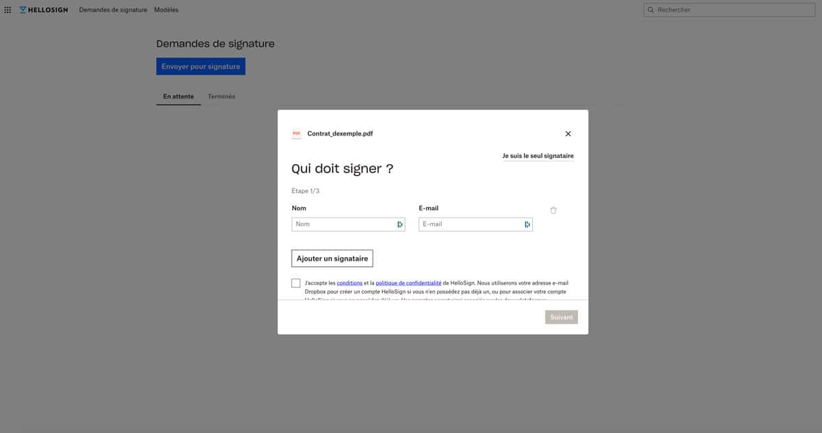 Créer une demande de signature pour Dropbox Sign pour un contrat à distance