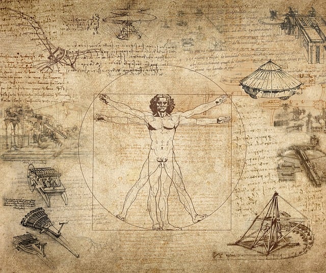 Collage de dessins de Léonard de Vinci illustrant son génie multipotentiel.