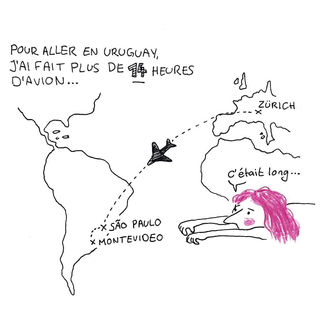 Illustration de Fanny Blanchet s'envolant pour le festival Montevideo Comics, en Uruguay.